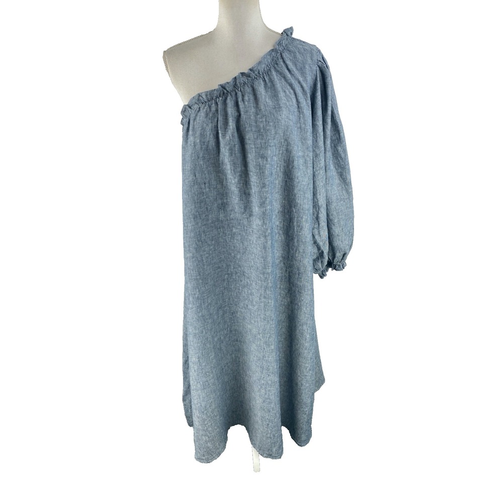 LAKE‎ Milly Linen One Shoulder Coastal Midi Puff Sleeve Dress Size XL Lagenlook